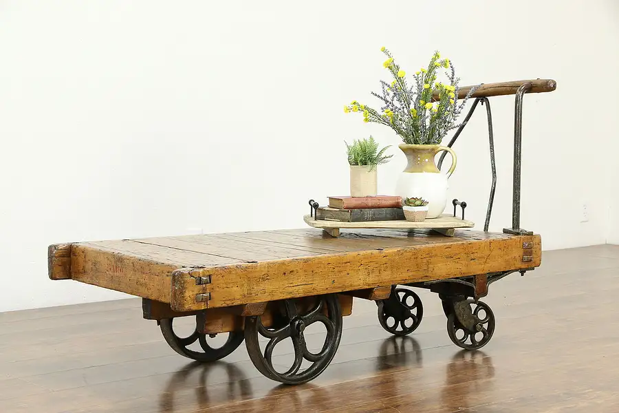 Main image of Industrial Salvage 1900 Antique Railroad Ash & Iron Cart, Coffee Table