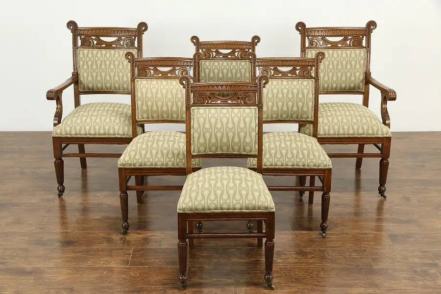 Main image of Victorian Antique Set of 6 Carved Oak Dining Chairs, Recent Uphostery