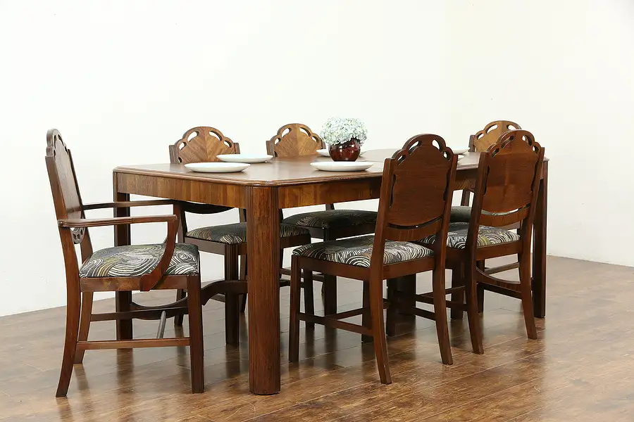 Main image of Art Deco Vintage Dining Set Table & Leaf, 6 Chairs Newly Upholstered