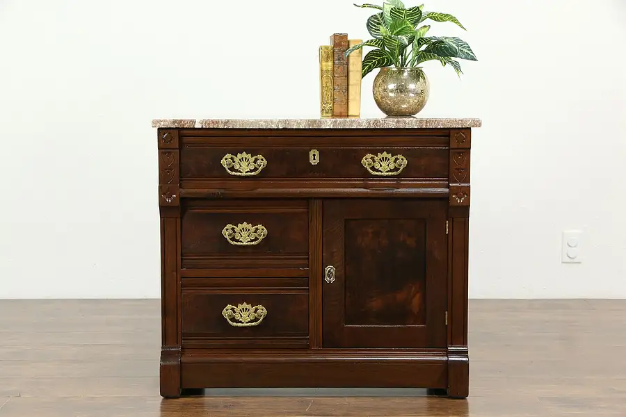 Main image of Victorian Eastlake Antique Small Walnut Chest or Nightstand, Marble Top