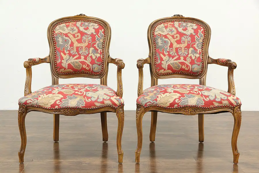 Main image of Pair of French Style Carved Vintage Chairs, Recent Upholstery