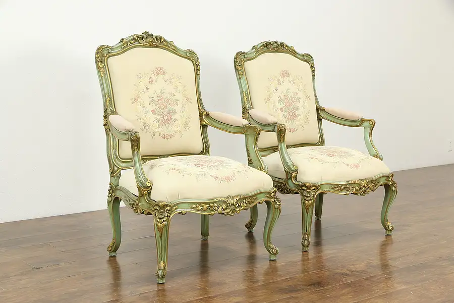 Main image of Pair of Italian Antique Hand Carved & Painted Chairs, Old Tapestry