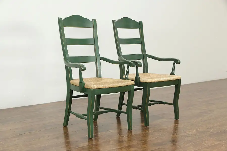 Main image of Par of Vintage Farmhouse Carved Painted Country Chairs, Arms, Rush Seats