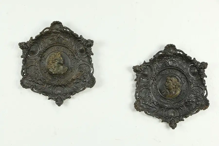 Main image of Pair of Victorian Antique Iron Trays or Wall Plaques, Angels & Faces