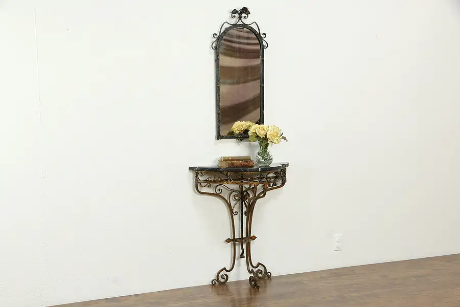 Main image of Iron & Marble Hand Painted Antique Hall Console Table & Mirror Set