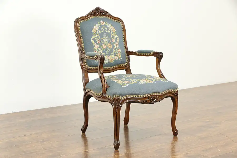 Main image of French Style Carved Vintage Chair, Needlepoint & Petit Point Upholstery