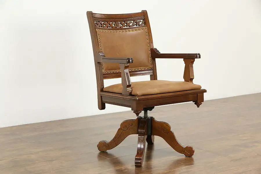 Main image of Victorian Eastlake Antique Walnut Swivel Adjustable Desk Chair, Leather