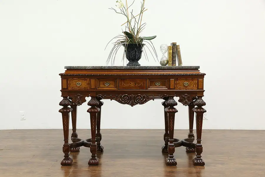 Main image of Carved Walnut Antique Hall Console, Server or Sideboard, Marble Top