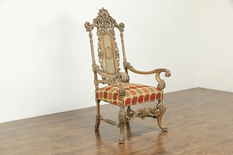 Main image of Hand Carved Walnut Antique Italian Throne or Hall Chair Recent Upholstery