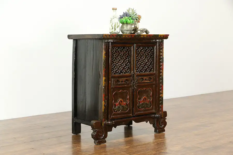 Main image of Chinese Hand Painted Ash Antique Cabinet, Carved Feet & Grillwork