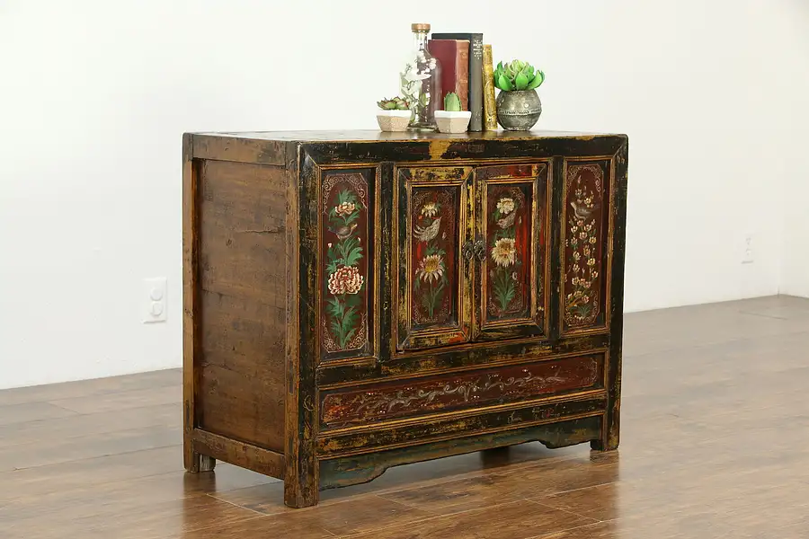 Main image of Chinese Hand Painted Ash Antique Cabinet, Bird and Floral Motifs