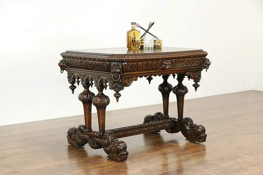 Main image of Renaissance Oak Antique Italian Library Desk, Carved Lions & Serpents