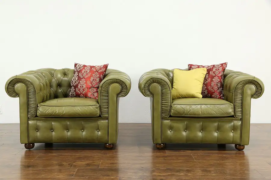 Main image of Pair of English Chesterfield Tufted Leather Vintage Club Chairs