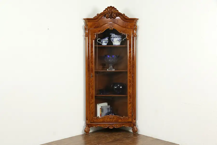 Main image of Italian Vintage Burl Corner China Curio Display Cabinet, Shell Crest