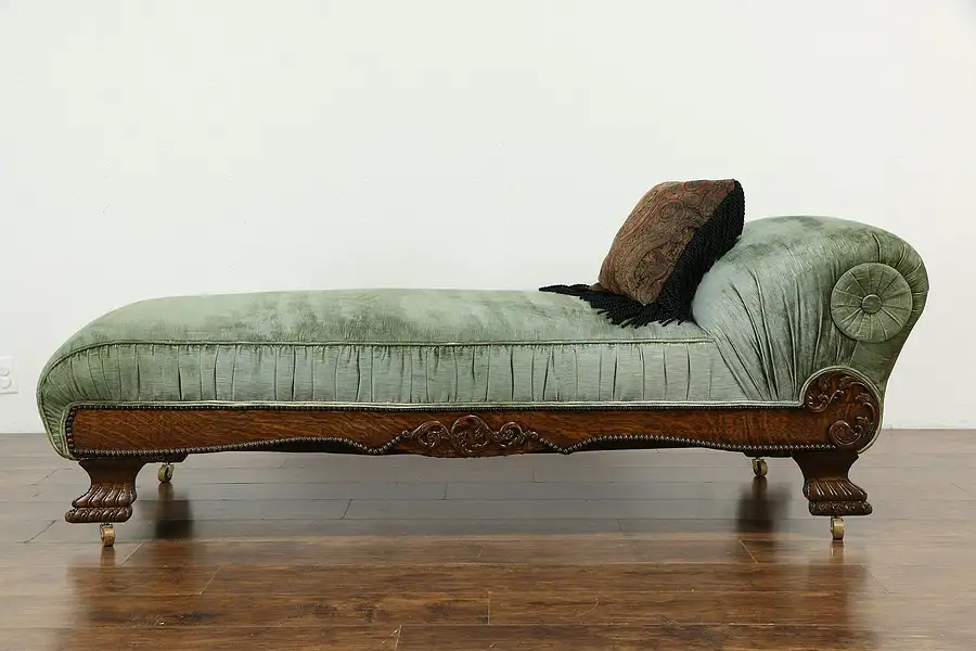 Main image of Victorian Antique Oak Chaise or Fainting Couch, Velvet Upholstery