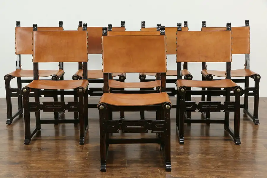 Main image of Set of 8 Antique French Saddle Leather Dining Chairs, Brass Studs