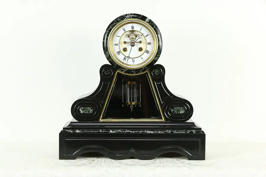 Main image of French Slate & Marble Antique Mantle Clock, Open Escapement, Signed Marti