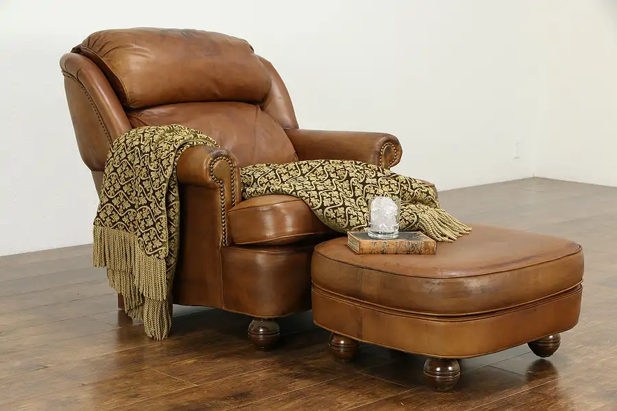 Main image of Leathercraft Vintage Club Chair & Ottoman Set, Brass Nailhead Trim