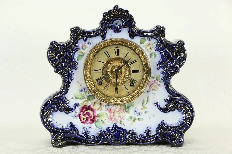 Main image of Ansonia Dresden Victorian Cobalt Blue Porcelain Antique China Clock #289