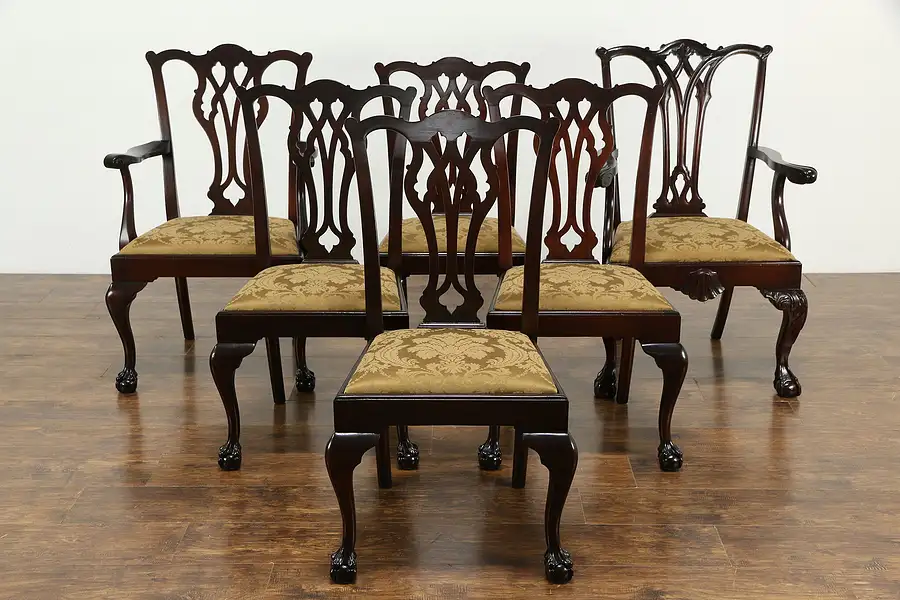 Main image of Set of 6 (5+1) Georgian Chippendale Vintage Dining Chairs, New Upholstery