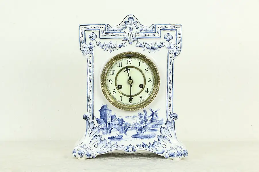 Main image of Blue Dutch Delft Antique Porcelain China Clock, Signed Waterbury