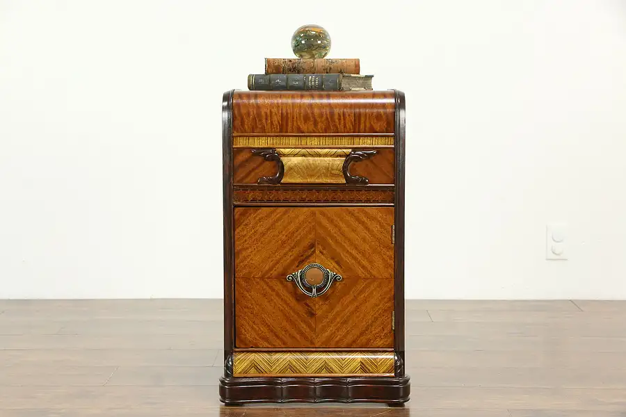 Main image of Art Deco Vintage Waterfall Mahogany & Burl Nightstand