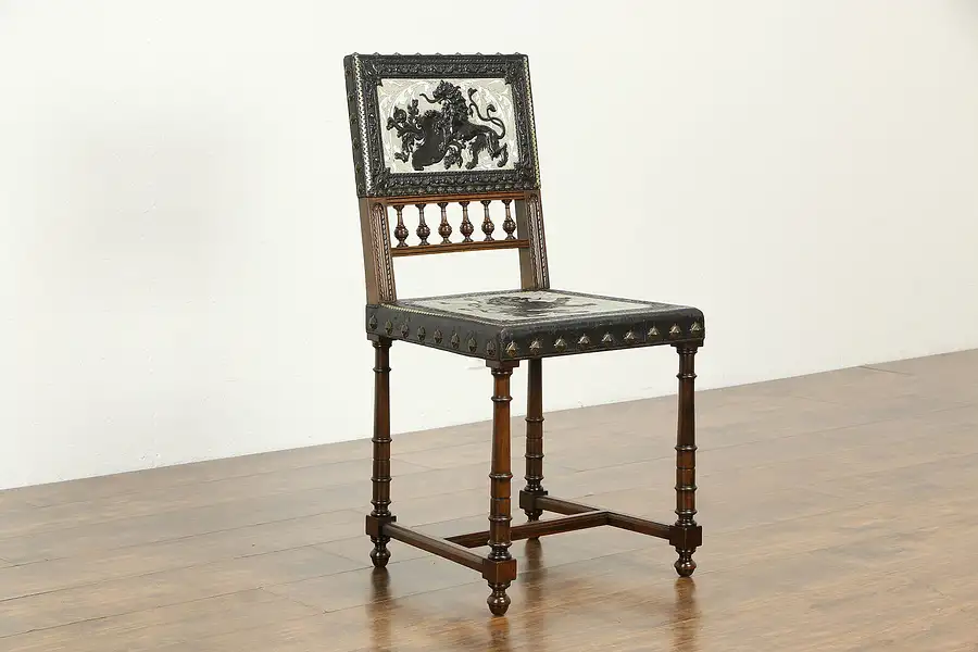 Main image of Italian Antique Walnut & Tooled Leather Desk or Hall Chair Lion Design