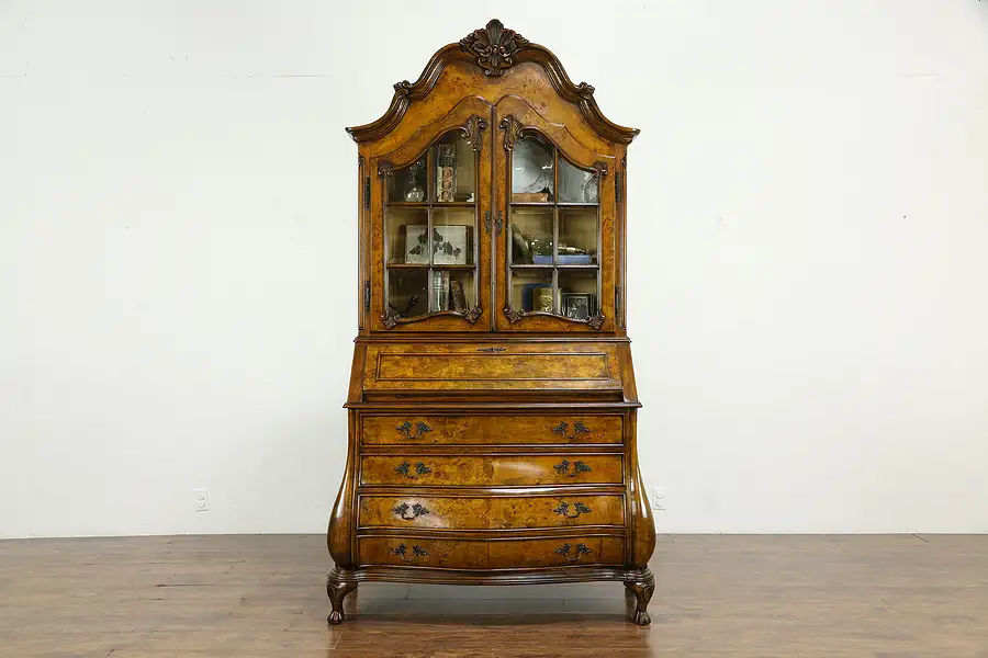 Main image of Italian Bombe Burl Vintage Secretary Desk & Bookcase, Beveled Glass