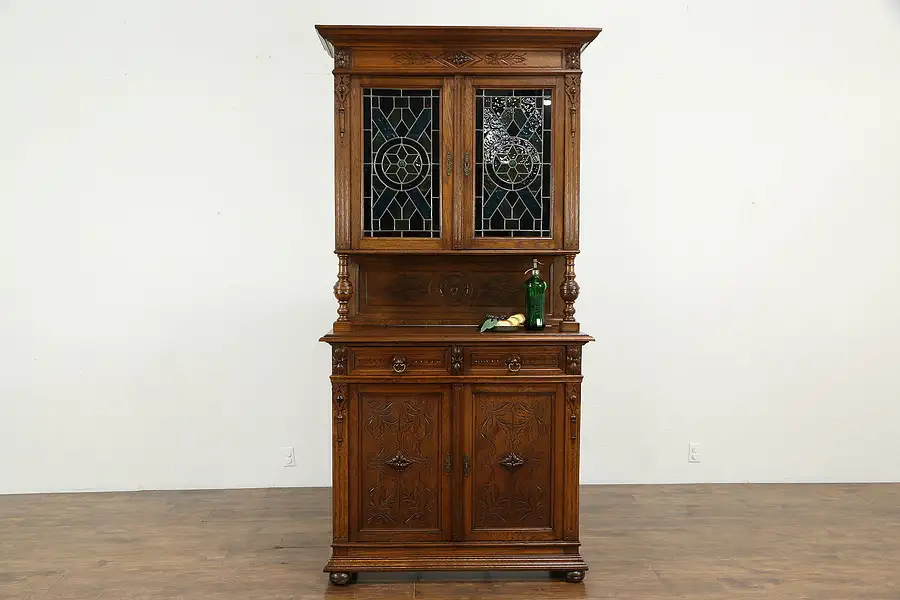 Main image of French Antique Carved Oak Sideboard, Bar or Server Cabinet, Stained Glass