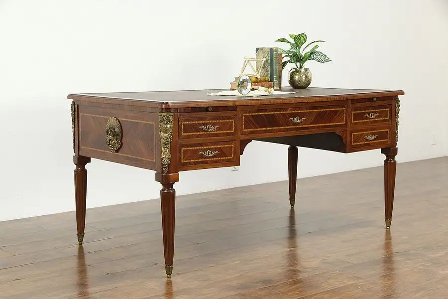 Main image of French Empire Antique Desk, Bronze Mounts, Tooled Leather, Secret Drawer