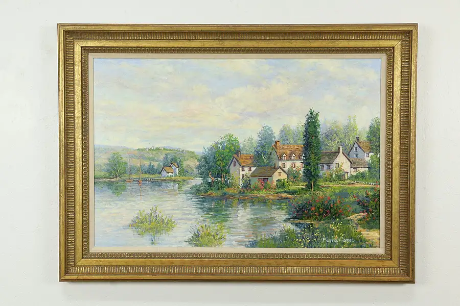 Main image of Pond Scene & Farms Vintage Original Oil Painting Signed Fiora Cozzi 44"