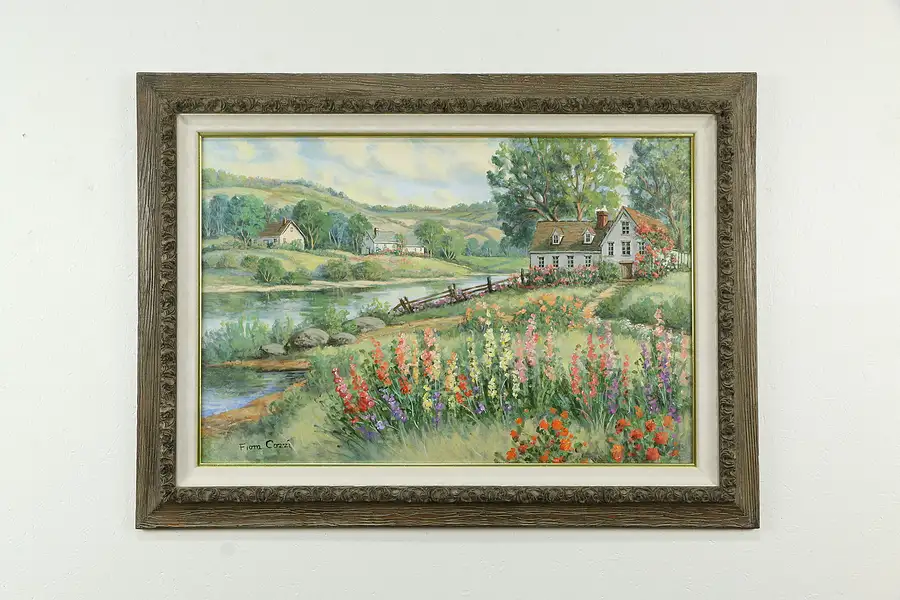 Main image of House & River Garden Vintage Original Oil Painting Signed Fiora Cozzi 45"