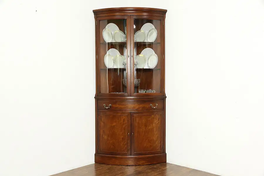 Main image of Traditional Mahogany Curved Glass Vintage Corner Cabinet, Landstrom