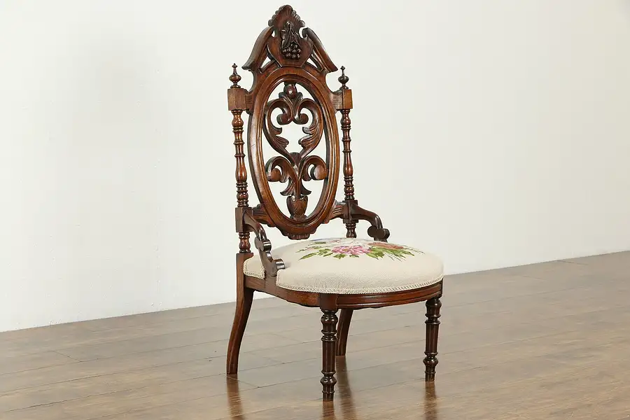 Main image of Victorian Antique 1850 Grape Carved Walnut & Needlepoint Slipper Chair