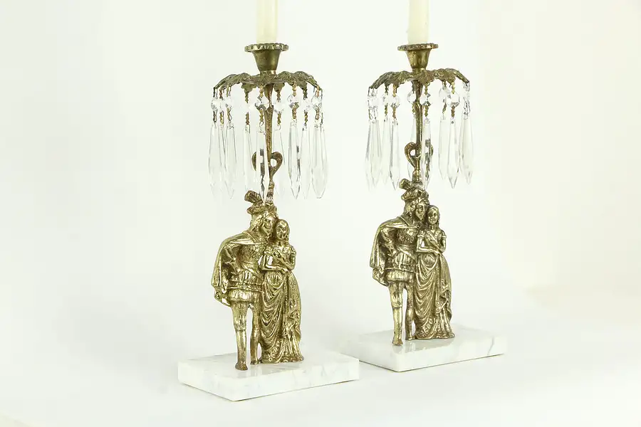 Main image of Victorian Pair Antique Brass, Marble & Crystal Candelabra or Candlesticks