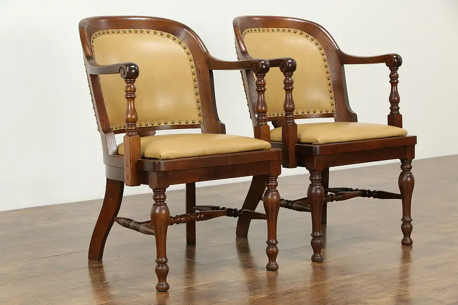 Main image of Pair of Antique Walnut Banker Chairs, New Leather, Becker