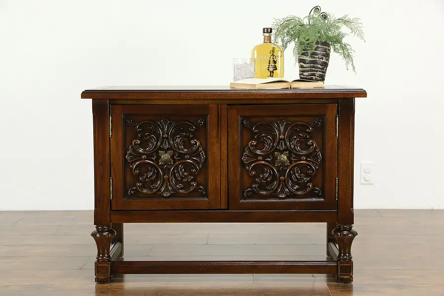 Main image of Oak English Tudor Vintage Hall Cabinet, TV Console, Mini Bar