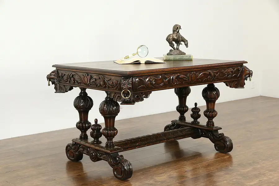 Main image of Renaissance Antique Oak Library Table Desk Carved Lion Heads