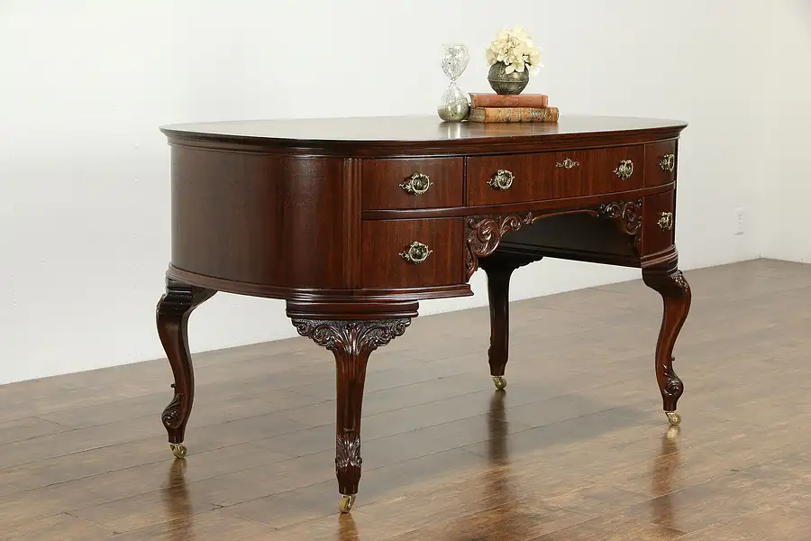 Main image of Art Nouveau Mahogany Antique Oval Partner Desk, Original Hardware