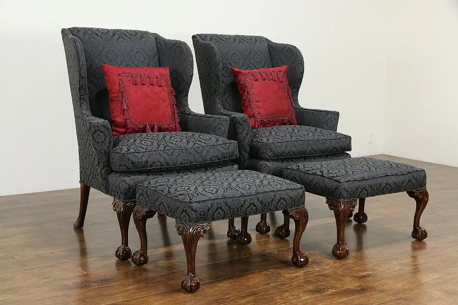 Main image of Pair of Vintage Georgian Carved Wing Chairs with Ottomans, Southwood