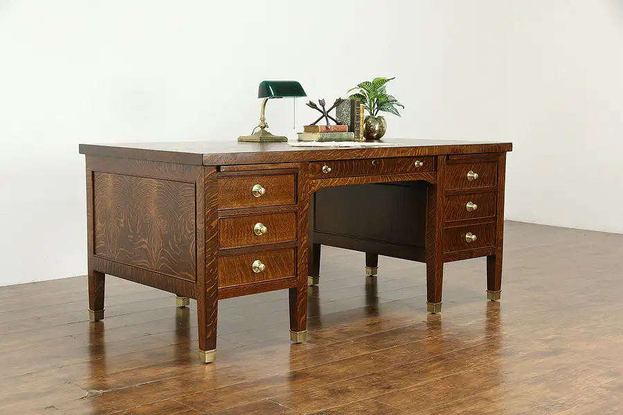 Main image of Craftsman Executive Antique 6' Quarter Sawn Oak Desk, Brass Feet & Pulls