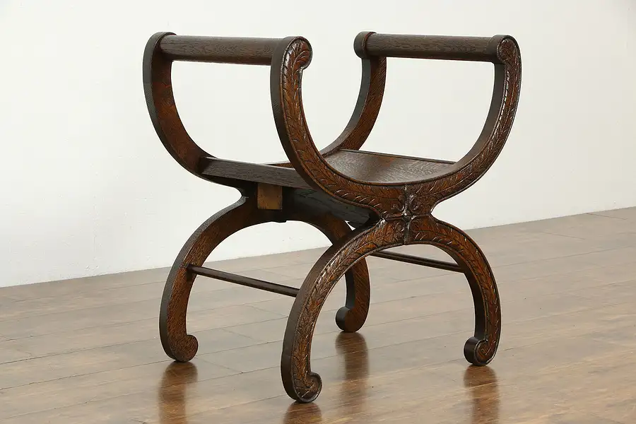 Main image of Savonarola or Roman Design Antique Oak Bench with Arms