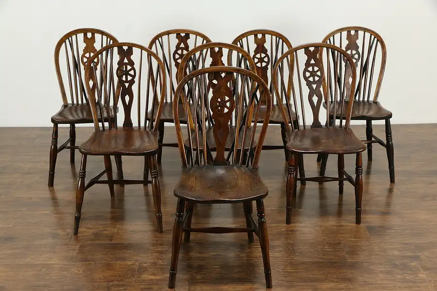 Main image of Set of 8 Antique English Carved Elm Windsor Design Dining Chairs