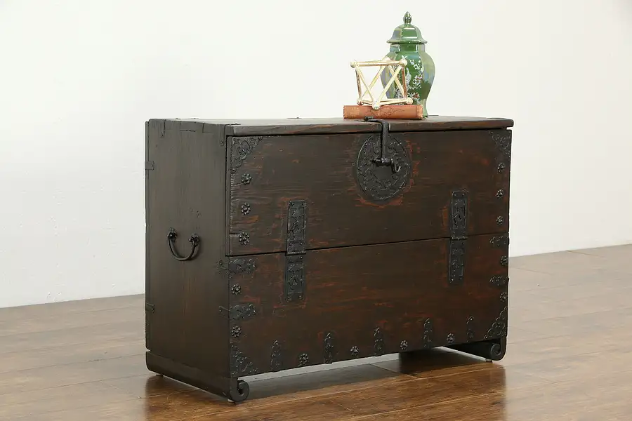 Main image of Korean Antique Dowry Chest, Wrought Iron Latch, Interior Drawers