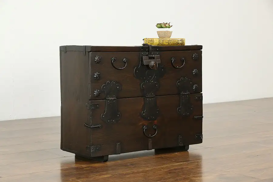 Main image of Korean Antique Rustic Pine Dowry Chest, Wrought Iron Lock