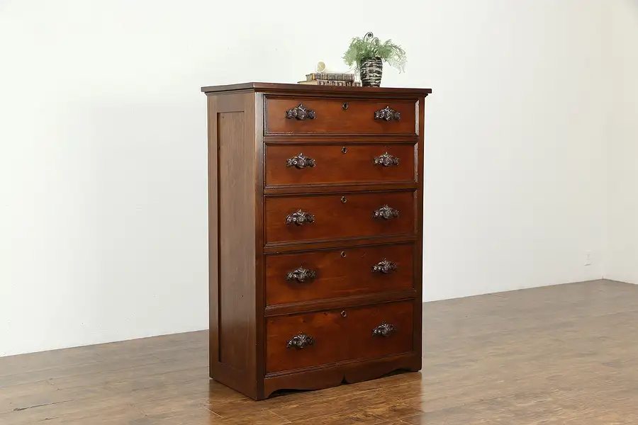 Main image of Victorian Antique Walnut Tall Chest or Highboy, Original Carved Pulls