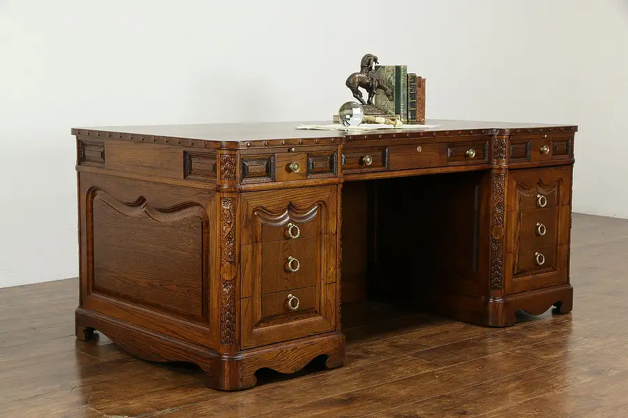 Main image of Carved Vintage Executive or Library Desk, Viking Oak by Romweber