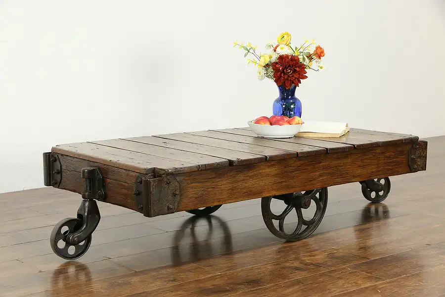 Main image of Maple Antique Industrial Salvage Railroad Cart, Iron Wheels, Coffee Table