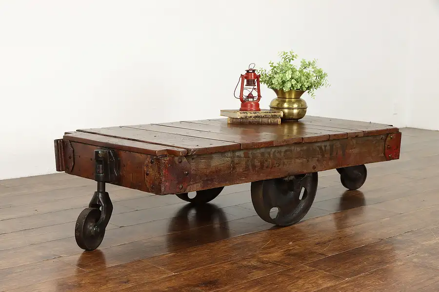 Main image of Oak Antique Industrial Salvage Railroad Cart, Iron Wheels, Coffee Table