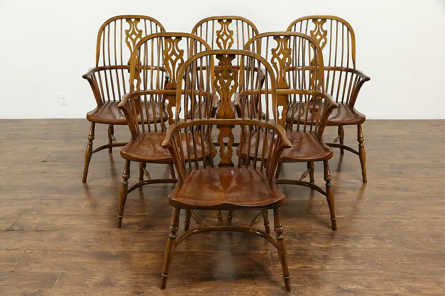 Main image of Set of 6 Vintage Windsor Elm & Oak Dining Chairs with Arms, England